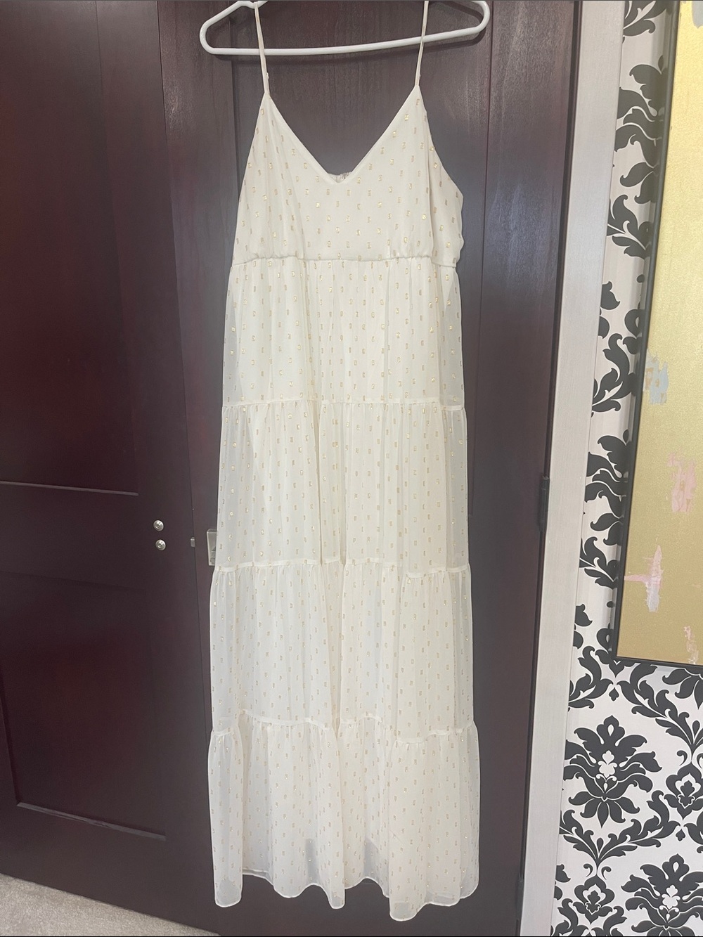 Express White Maxi Dress with Gold Dot Accents Size L
